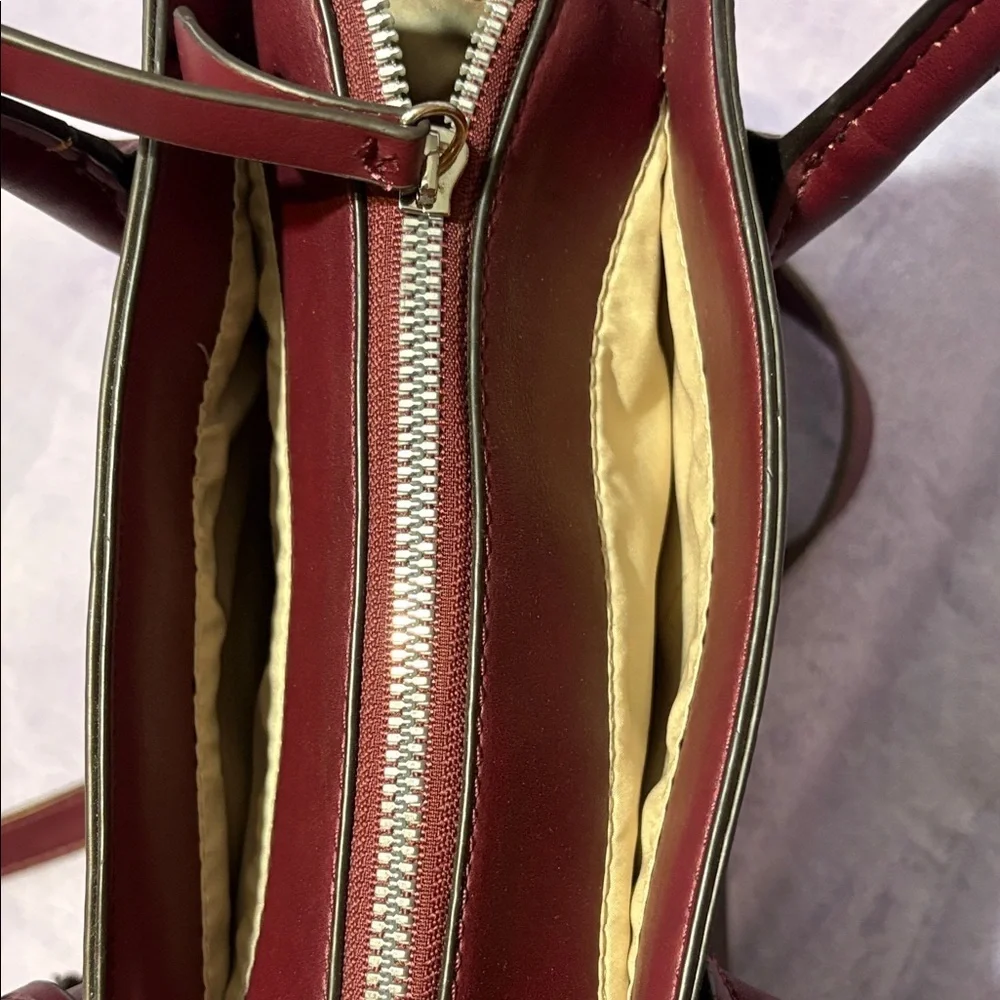 Nine West Burgundy & Brown Monogram Satchel – Faux Leather Crossbody Bag